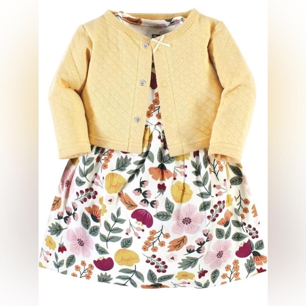 Hudson Baby | Floral Cotton Dress with Yellow Cardigan | 3-6mo
